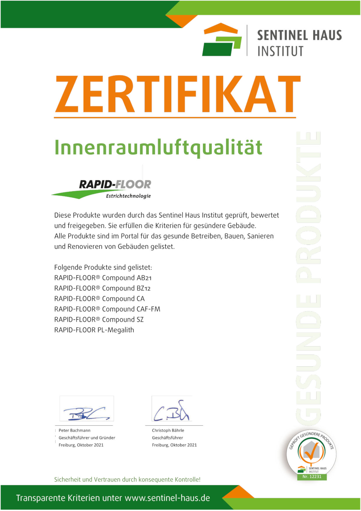 Zertifikat SHI Produkte Rapid Floor