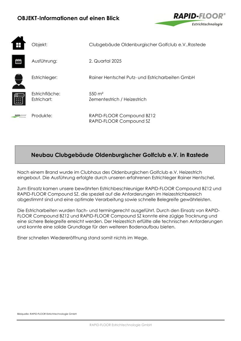 RAPID-FLOOR® Estrichtechnologie GmbH - Referenz Neubau Clubgebäude Oldenburgischer Golfclub e.V. in Rastede